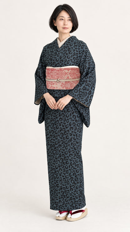 着物 単衣 【サヴァンナ・アッシュブルー】 ヒョウ柄 豹柄 レオパード 灰青