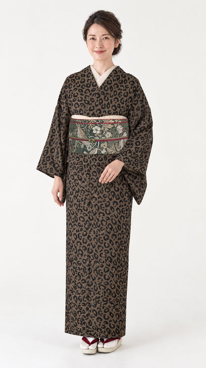 着物 単衣 【サヴァンナ・カーキブラウン】 ヒョウ柄 豹柄 レオパード 茶