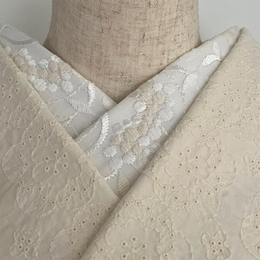 半衿 白実の万両 刺繍 コットンレース オフ白 半襟 洗える エンブロイダリー