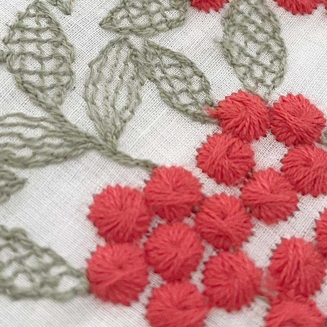 半衿 朱の実 刺繍のコットンレース 南天 ナンテン 半襟 洗える 綿レース 花