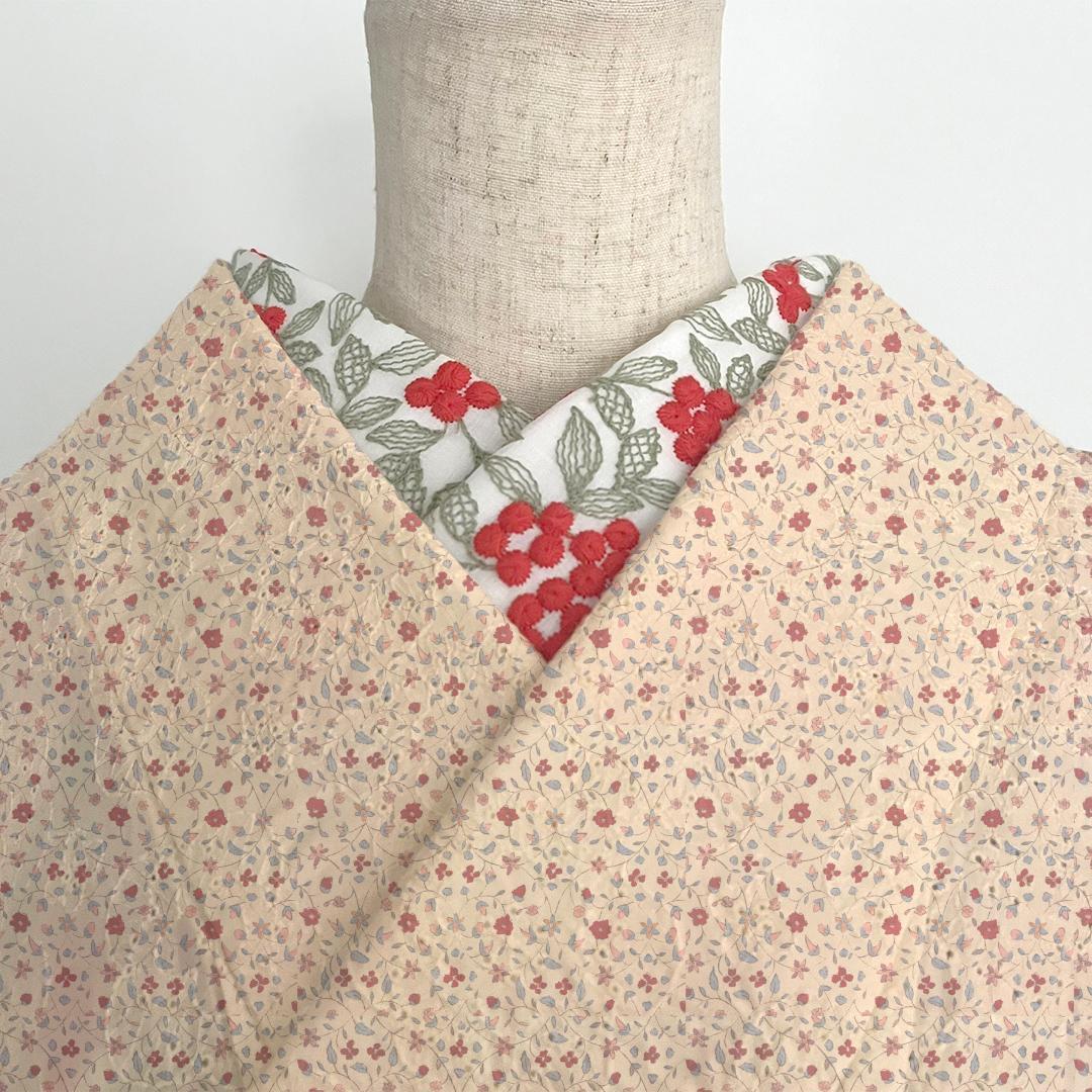 半衿 朱の実 刺繍のコットンレース 南天 ナンテン 半襟 洗える 綿レース 花