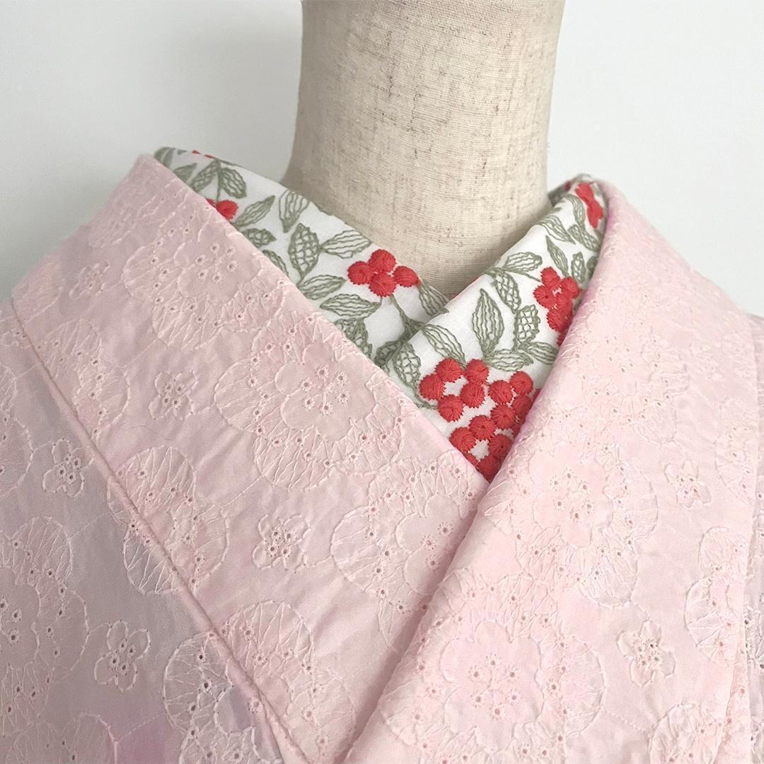 半衿 朱の実 刺繍のコットンレース 南天 ナンテン 半襟 洗える 綿レース 花