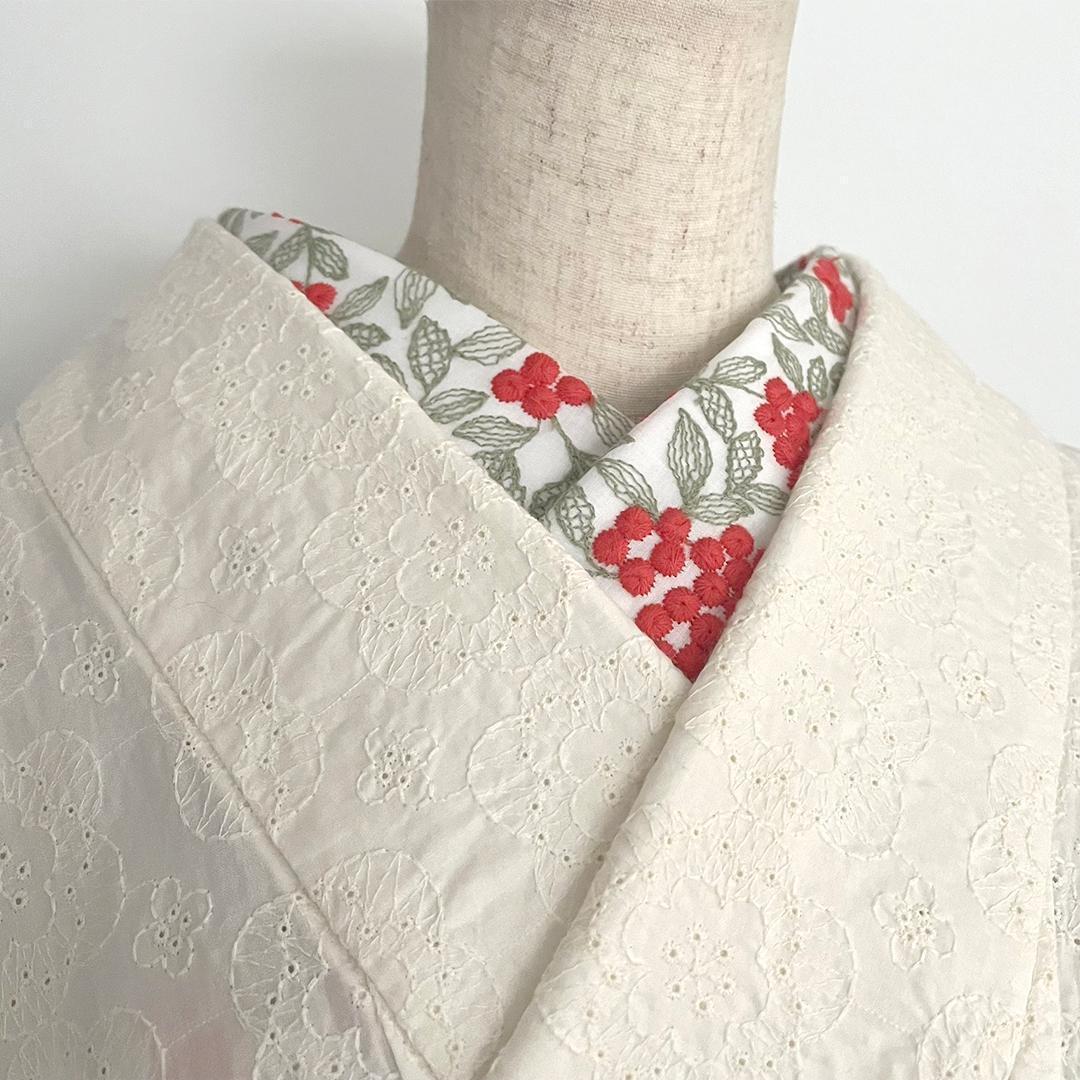 半衿 朱の実 刺繍のコットンレース 南天 ナンテン 半襟 洗える 綿レース 花