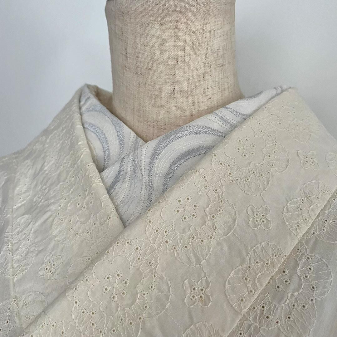 【七緒掲載商品】半衿 流水の銀刺繍 コットンレース 流水 たてわく 立湧 立涌 半襟 白 洗える