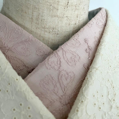 半衿 薄柿 綿麻 ハートの花の刺繍 コットンリネン ピンク 半襟 綿麻レース 夏
