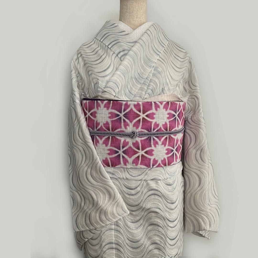 単衣着物 流線の銀刺繍 コットンレース 流水 たてわく 立湧 立涌 きもの