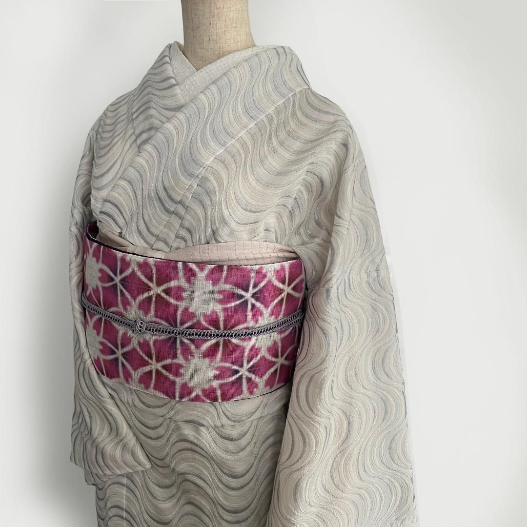 単衣着物 流線の銀刺繍 コットンレース 流水 たてわく 立湧 立涌 きもの