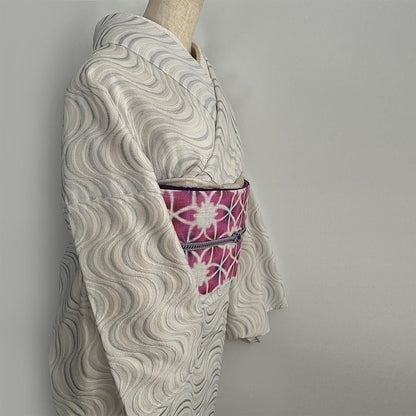 単衣着物 流線の銀刺繍 コットンレース 流水 たてわく 立湧 立涌 きもの