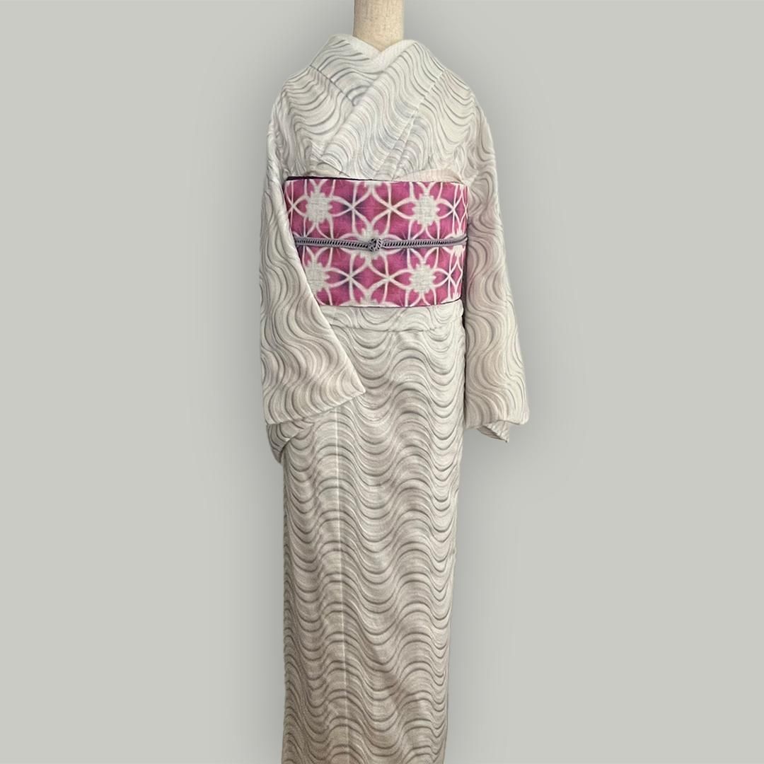 単衣着物 流線の銀刺繍 コットンレース 流水 たてわく 立湧 立涌 きもの