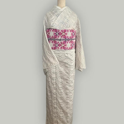 単衣着物 流線の銀刺繍 コットンレース 流水 たてわく 立湧 立涌 きもの