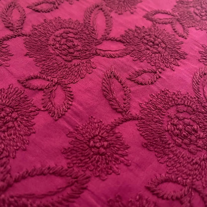 着物 単衣 ダークマゼンタ 刺繍 ピンク コットン きもの コットンレース 木綿