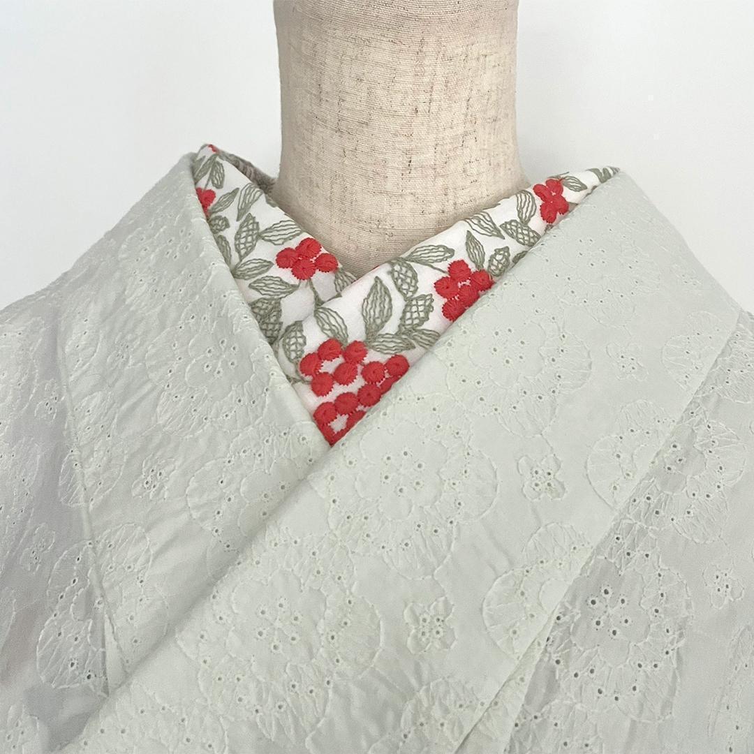 半衿 朱の実 刺繍のコットンレース 南天 ナンテン 半襟 洗える 綿レース 花