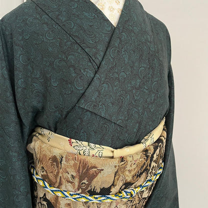 着物 袷 唐草 深緑 オリジナルきもの 色無地風 ポリエステル 洗え