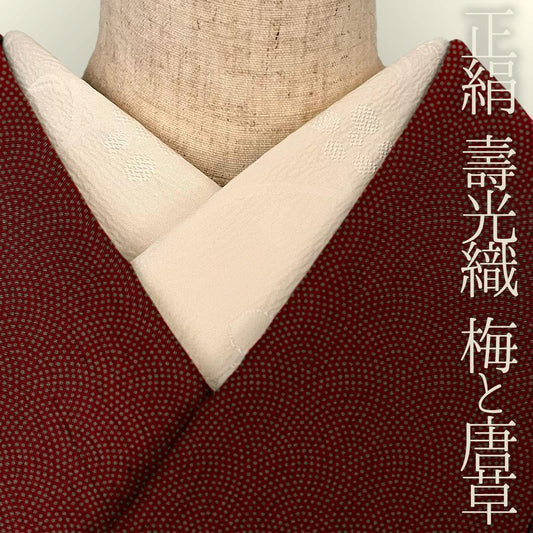 半衿 正絹 丹後ちりめん 梅と唐草 寿光織のデザインが施されたオフ白の半襟