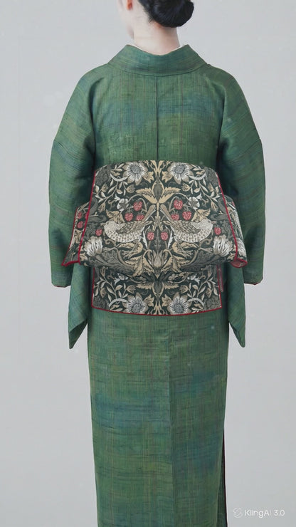 兵児帯 大人のへこ帯 ウィリアム・モリス いちご泥棒 名古屋帯 モスグリーン