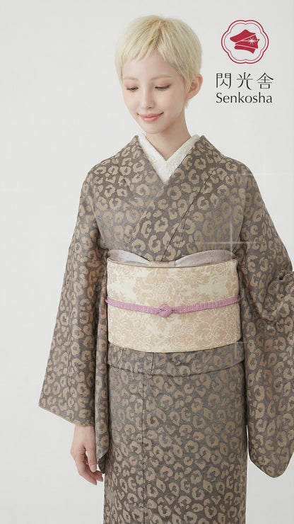 着物 単衣 【サヴァンナ・グレージュ】 ヒョウ柄 豹柄 レオパード グレージュ