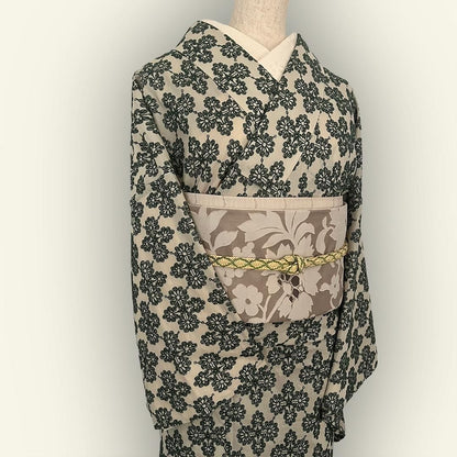 着物 単衣 花菱の刺繍 緑 コットン きもの コットンレース 木綿 グリーン