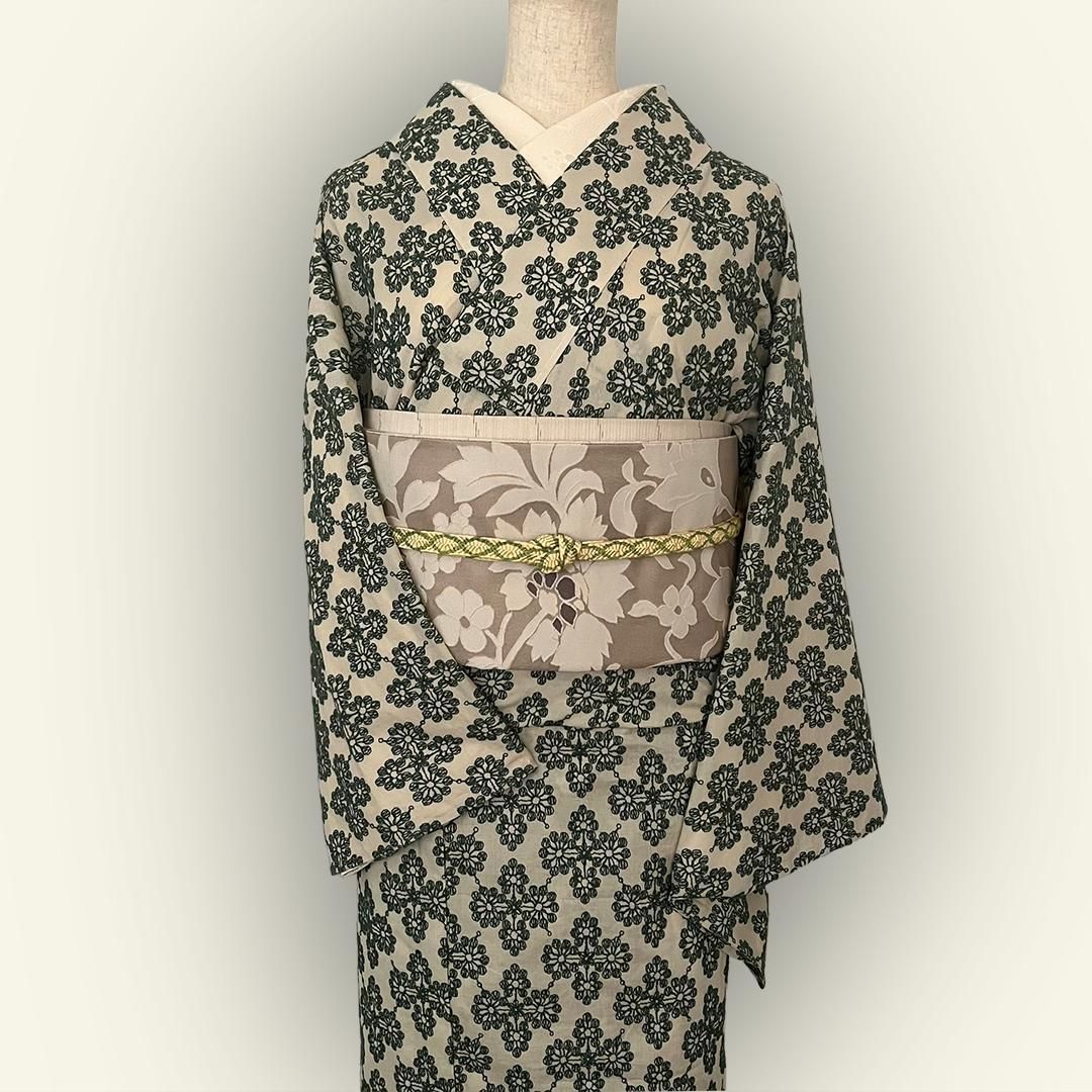 着物 単衣 花菱の刺繍 緑 コットン きもの コットンレース 木綿 グリーン