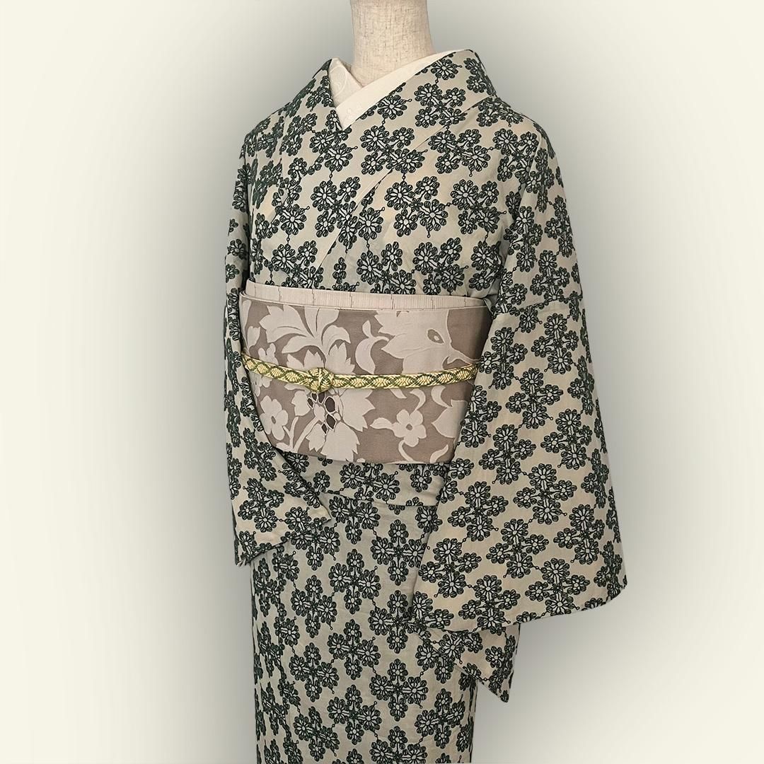 着物 単衣 花菱の刺繍 緑 コットン きもの コットンレース 木綿 グリーン