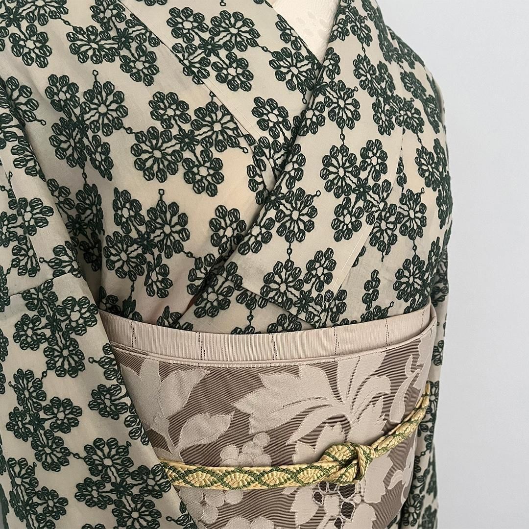 着物 単衣 花菱の刺繍 緑 コットン きもの コットンレース 木綿 グリーン