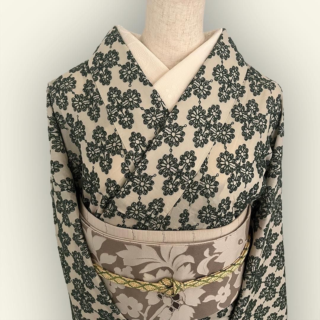着物 単衣 花菱の刺繍 緑 コットン きもの コットンレース 木綿 グリーン