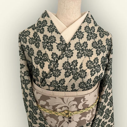 着物 単衣 花菱の刺繍 緑 コットン きもの コットンレース 木綿 グリーン