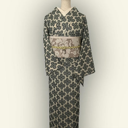 着物 単衣 花菱の刺繍 緑 コットン きもの コットンレース 木綿 グリーン