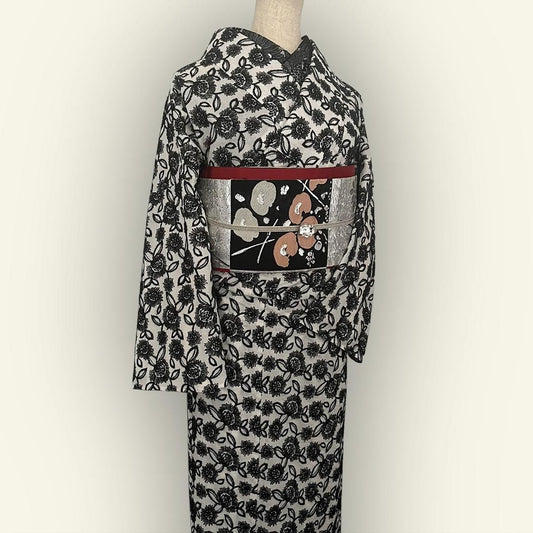 着物 単衣 モノトーン 刺繍 オフ白に黒 コットン きもの コットンレース 木綿